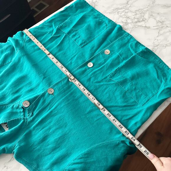 Flax Abalone Teal 100% Linen Button Up Shirt Jacket Women's Size Medium - Picture 7 of 8